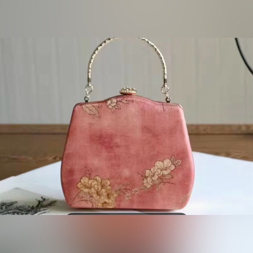 Vintage Inspired Pink Floral Embroidered Top-Handle or Chain Clutch NWOT
